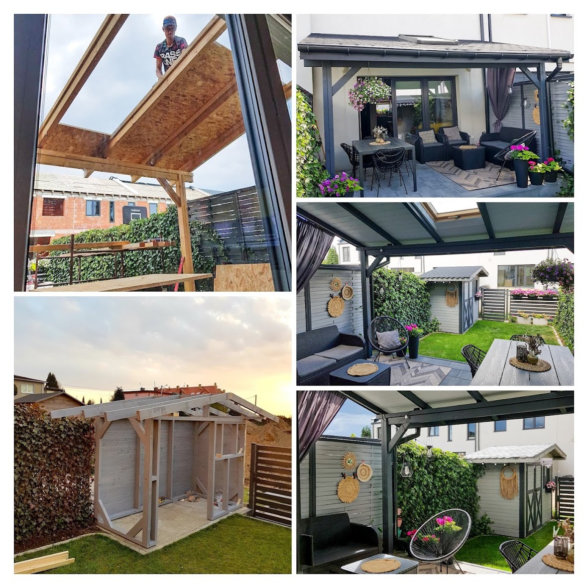 Montaż drewnianej konstrukcji altany ogrodowej z widocznym pracownikiem na dachu oraz gotowa, umeblowana altana z elementami dekoracyjnymi i roślinnością.