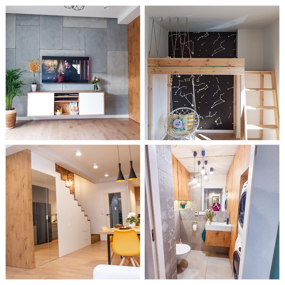 Kolaż przedstawiający cztery różne wnętrza: salon z telewizorem i betonową ścianą, pokój z łóżkiem na antresoli i huśtawką, jadalnię ze schodami i szafą z lustrem oraz łazienkę z toaletą, umywalką...