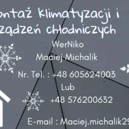 Wizytówka firmy WerNiko Maciej Michalik oferującej montaż klimatyzacji i urządzeń chłodniczych, z numerami telefonów i adresem e-mail, ozdobiona grafiką płatka śniegu i ikoną domu na szarym tle.