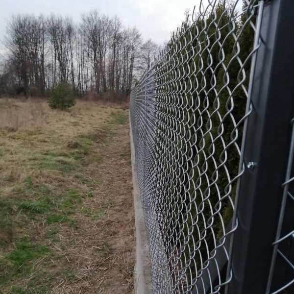 Długa siatka ogrodzeniowa z metalowymi słupkami, widoczna z boku, z tłem łąki i drzew bez liści w pochmurny dzień.