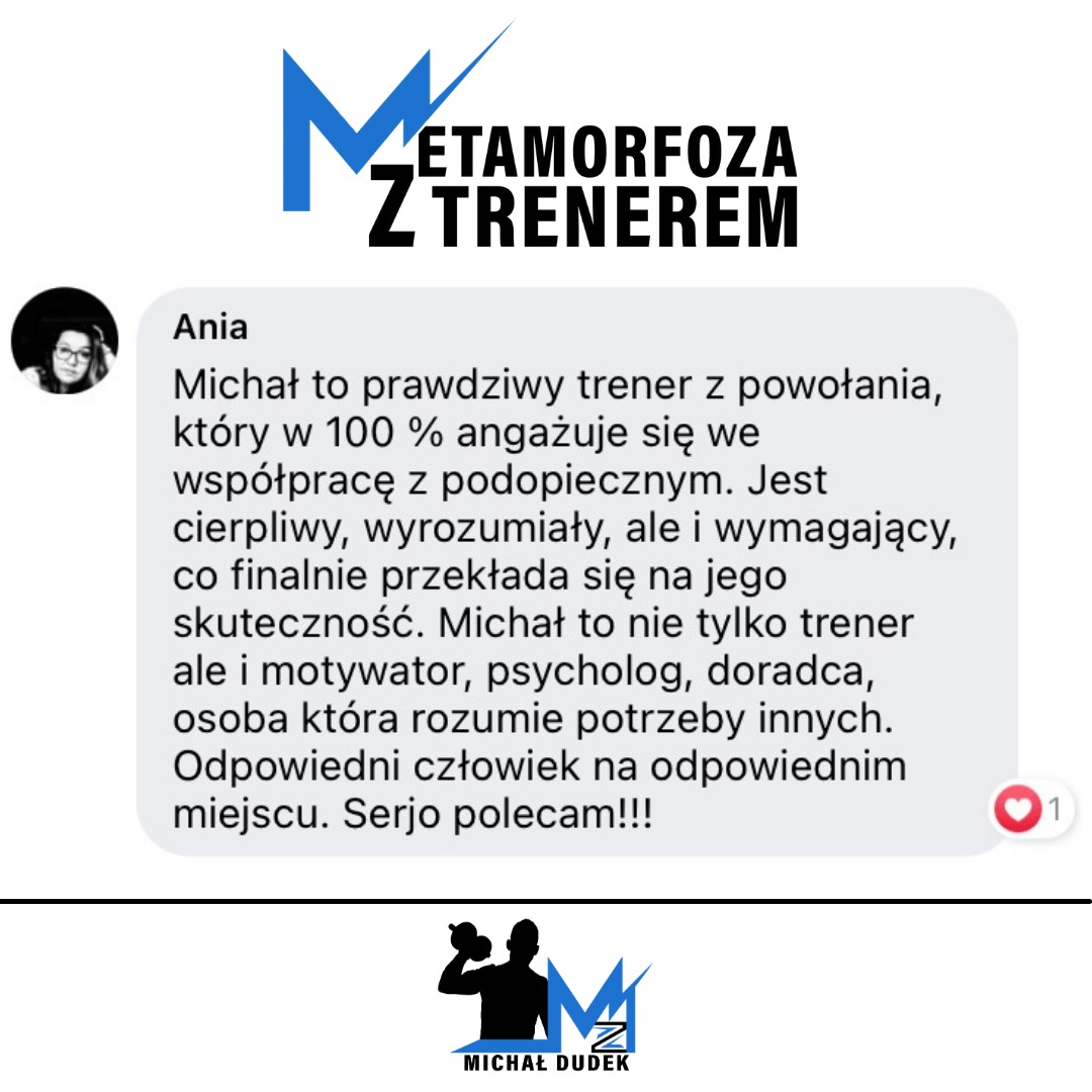 Grafika z logo firmy Metamorfoza z trenerem, pozytywną opinią klientki o trenerze Michale Dudku oraz jego sylwetką podczas ćwiczeń z hantlami.