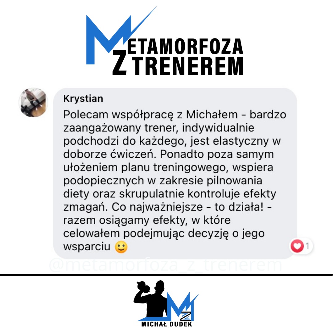Grafika z logo 'Metamorfoza z trenerem', rekomendacją klienta Krystiana i sylwetką mężczyzny ćwiczącego z hantlami. Tekst rekomendacji podkreśla indywidualne podejście i elastyczność trenera Michała.