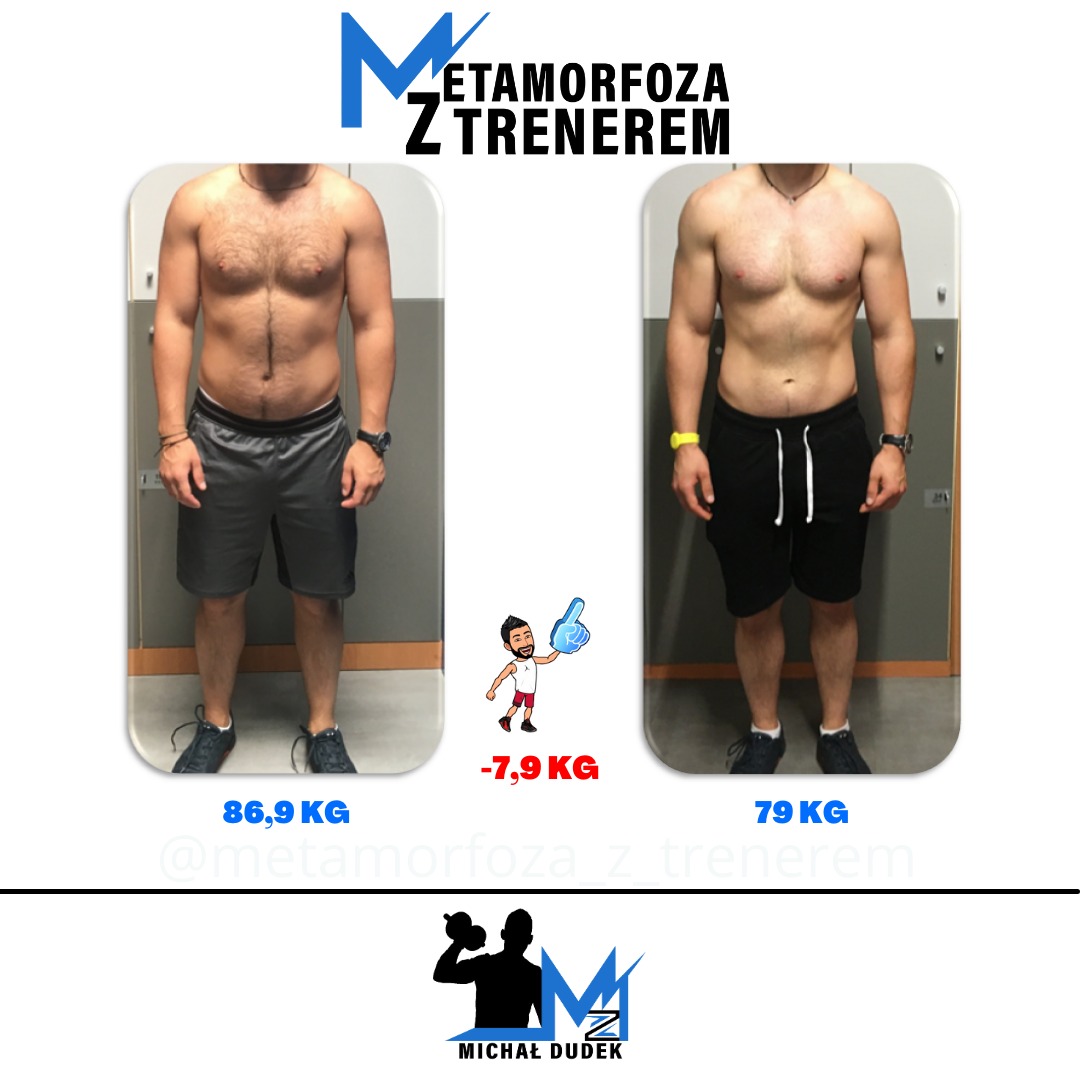 Męska sylwetka przed i po treningu, widoczna redukcja wagi, zmiana w budowie ciała, na nadgarstku zegarek. Po lewej 86.9kg, po prawej 79kg, różnica -7.9kg.