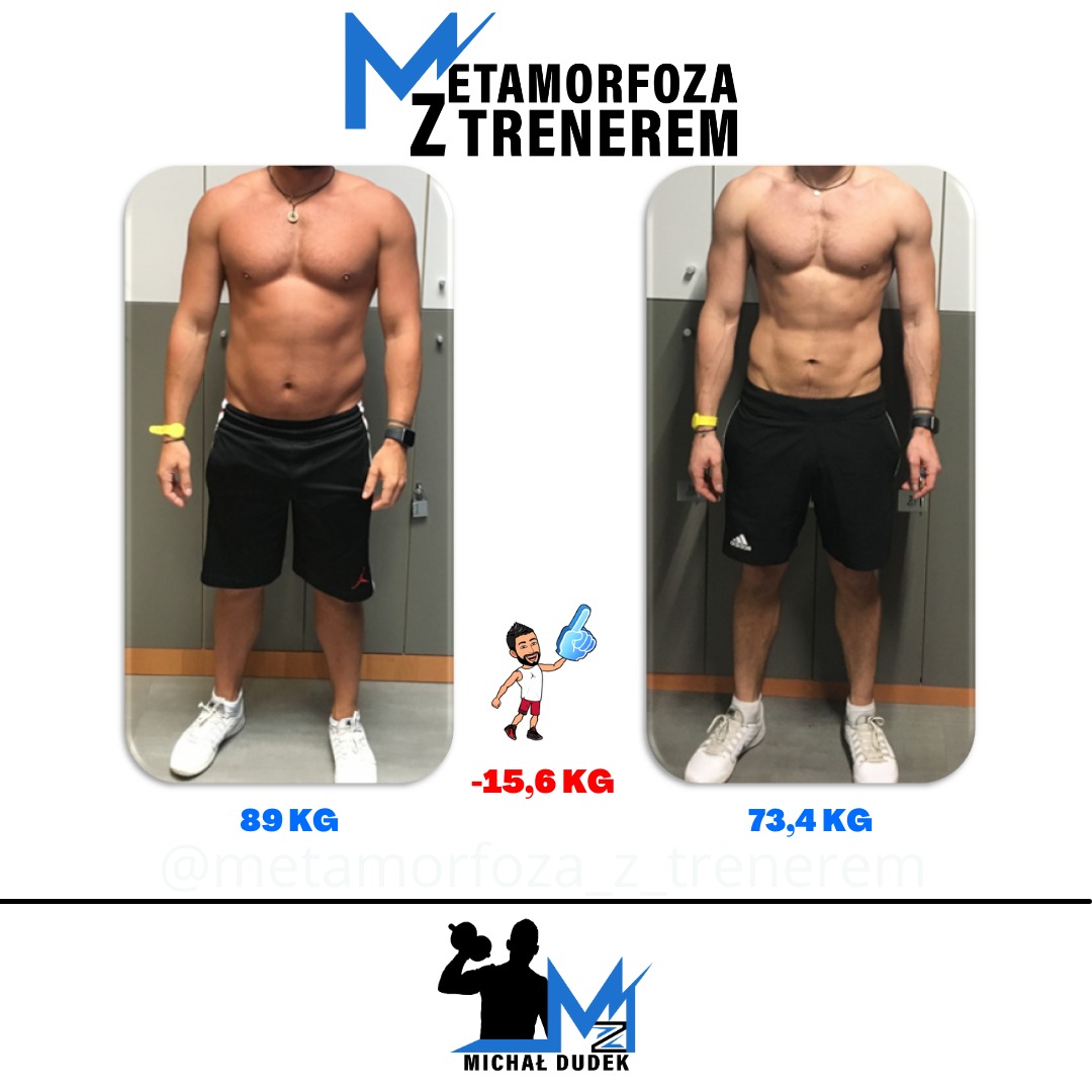 Mężczyzna przed i po metamorfozie sylwetki, widoczna redukcja wagi i poprawa muskulatury, na tle szafek w szatni.
