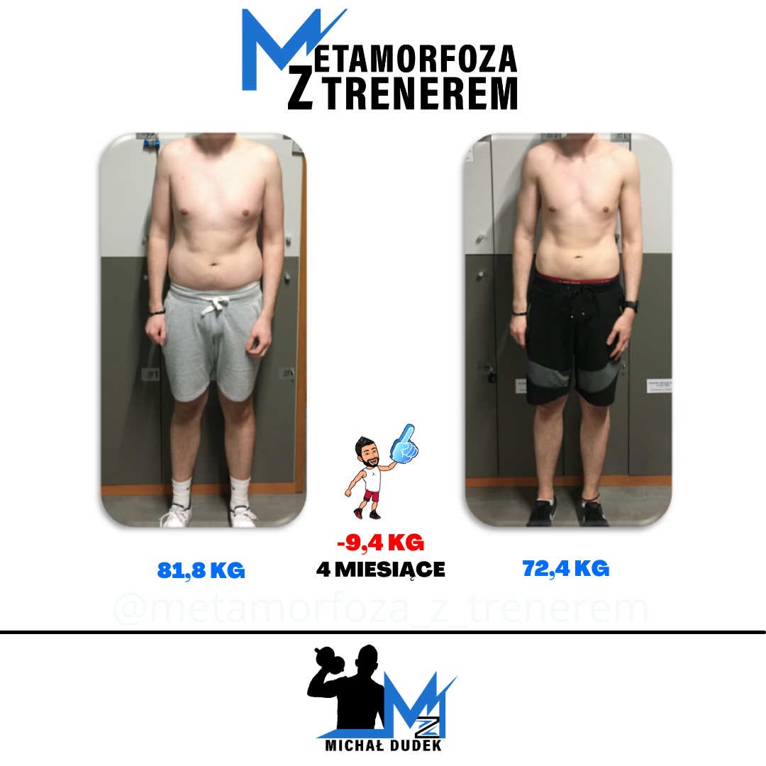 Mężczyzna przed i po metamorfozie sylwetki, widoczna utrata wagi -9,4 kg w 4 miesiące, stojący na tle szarych szafek.