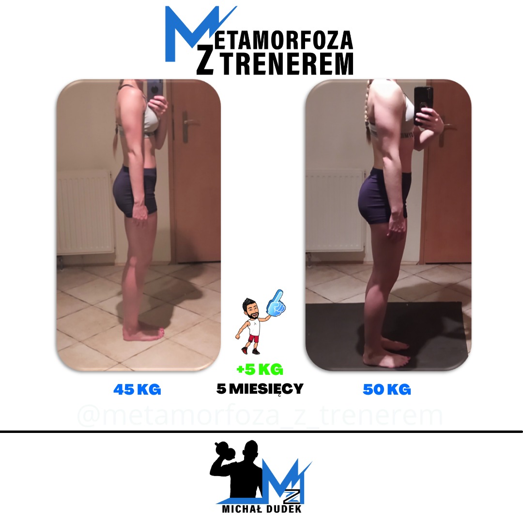 Zdjęcie przedstawia metamorfozę sylwetki kobiety, ukazując jej postępy po 5 miesiącach treningu, z wagą początkową 45 kg i końcową 50 kg. Dwa ujęcia sylwetki w bieliźnie sportowej, na tle jasnych...