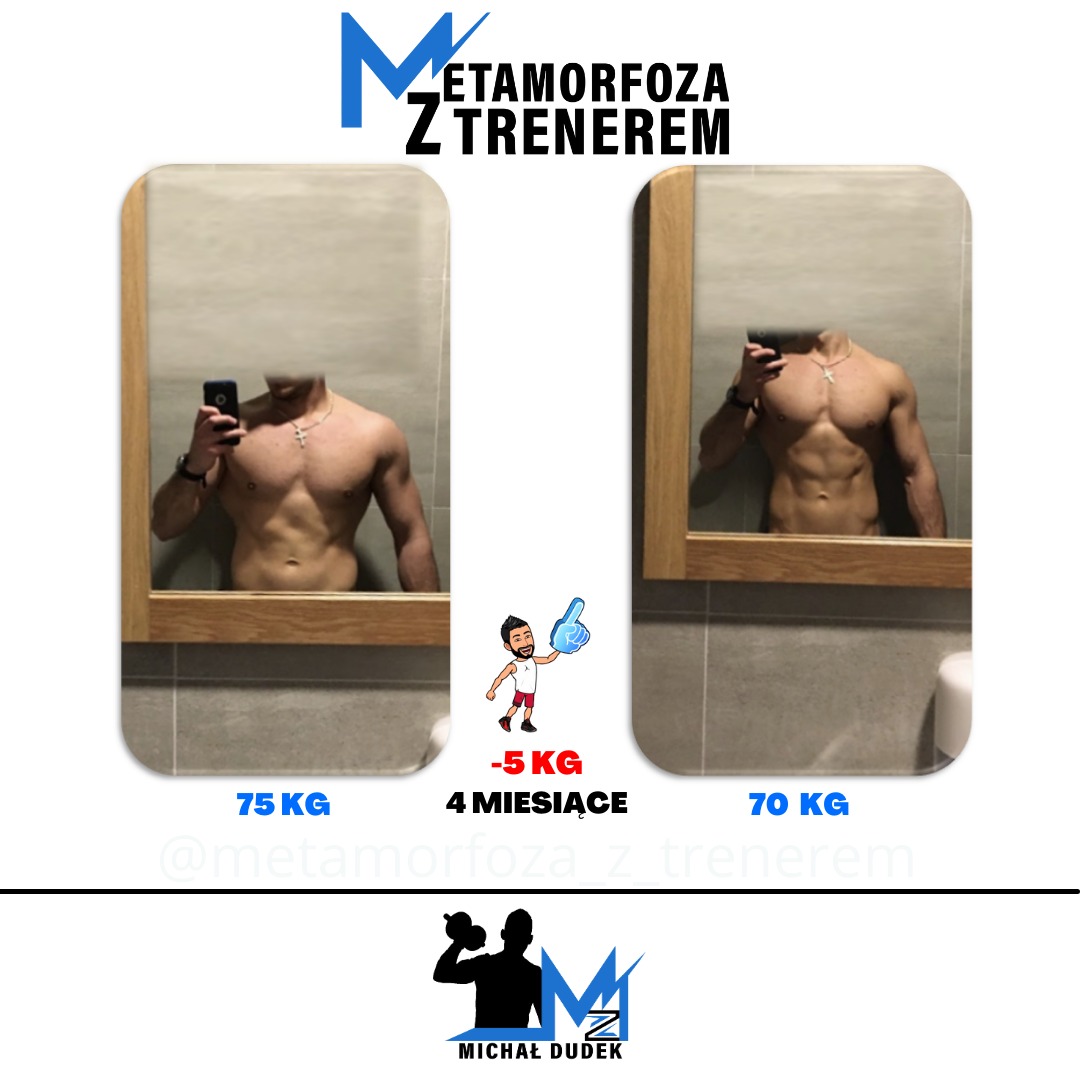 Porównanie sylwetki mężczyzny przed i po 4-miesięcznym treningu, widoczne zmiany w wadze i muskulaturze, zdjęcia zrobione w lustrze w łazience.