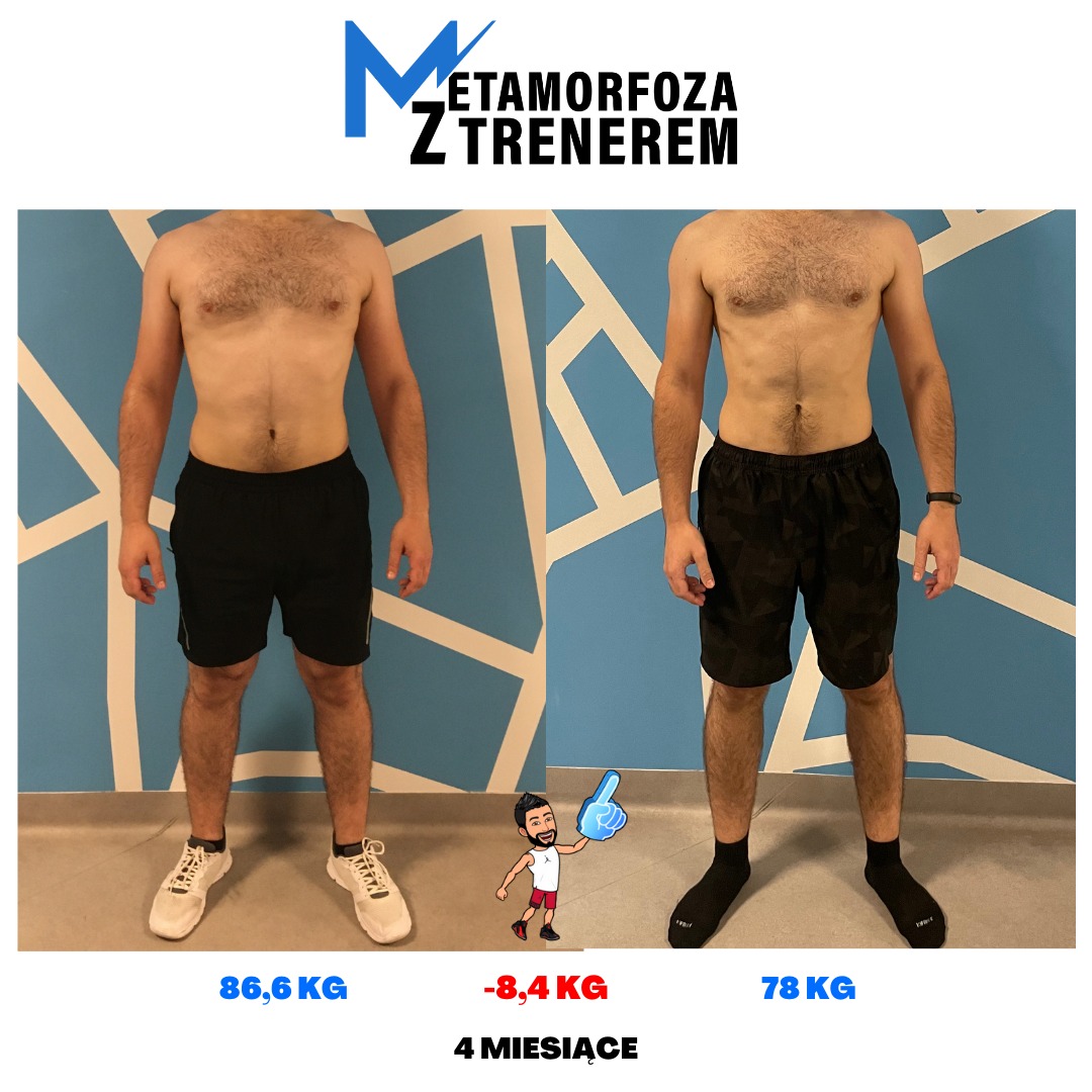 Mężczyzna przed i po 4-miesięcznej metamorfozie, waga spadła o 8,4 kg, widoczne zmiany w sylwetce i ubraniu, tło z niebiesko-białymi wzorami.