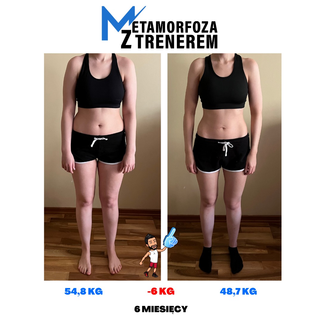 Porównanie sylwetki kobiety przed i po 6-miesięcznym treningu, widoczne zmniejszenie wagi z 54.8 kg do 48.7 kg, czarne sportowe ubranie.