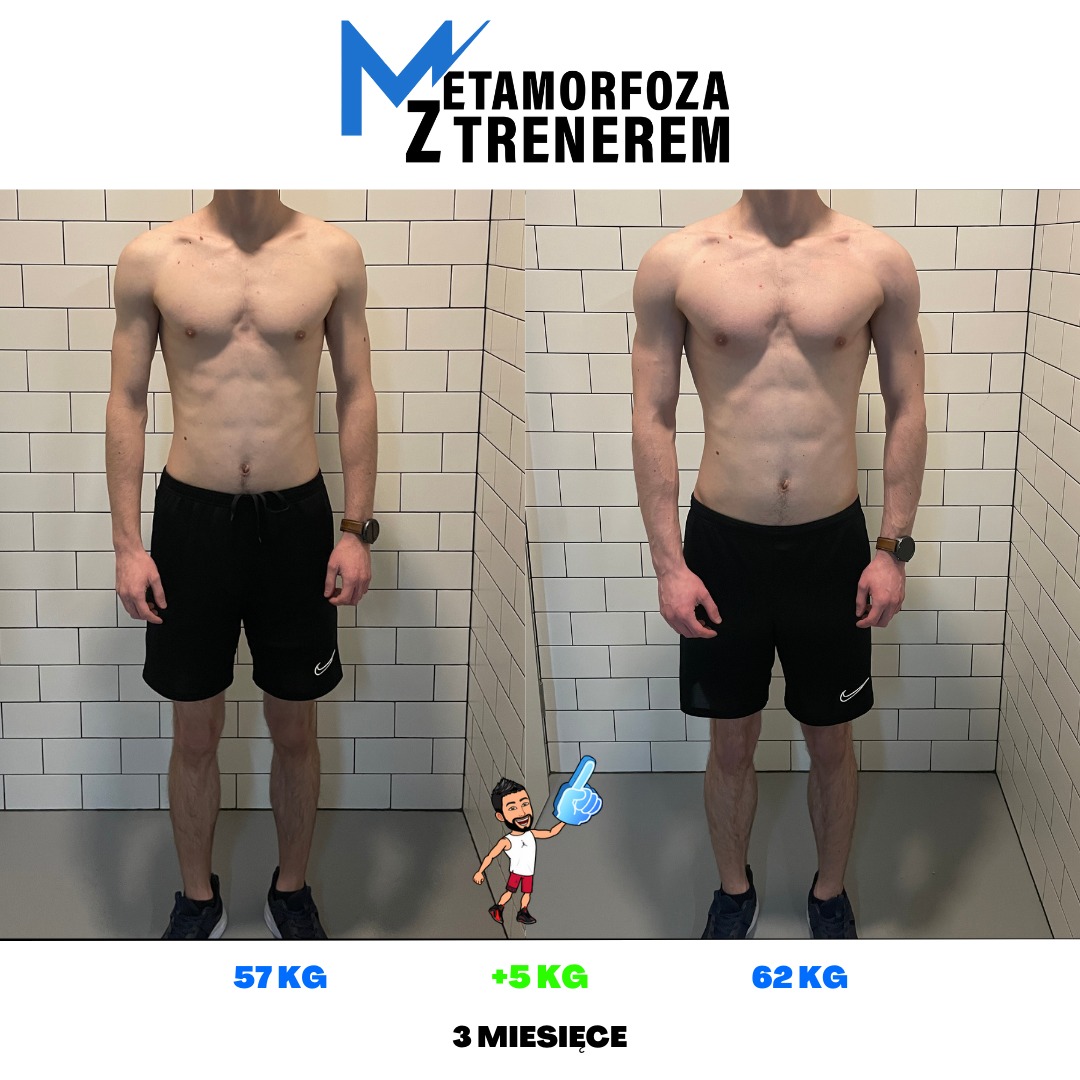 Mężczyzna przed i po treningu, widoczna zmiana sylwetki po trzech miesiącach, waga wzrosła o 5 kg.