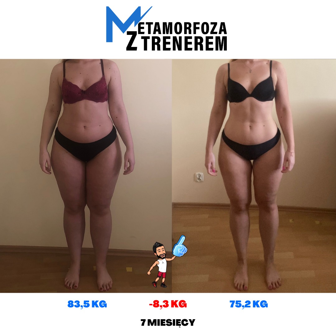 Kobieta w bieliźnie przed i po metamorfozie, widoczna utrata wagi po 7 miesiącach, waga początkowa 83,5 kg, waga końcowa 75,2 kg.