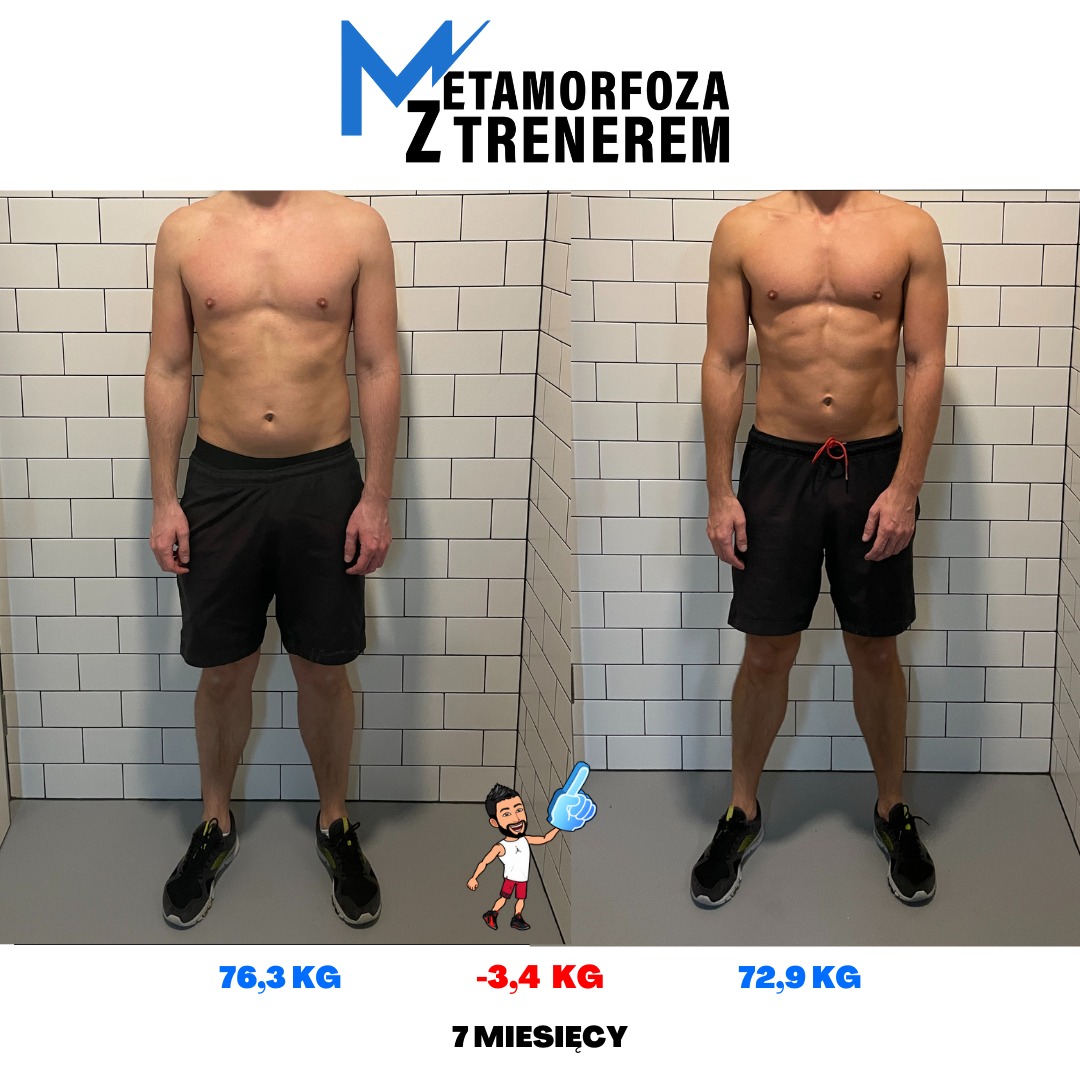 Mężczyzna przed i po treningu, widoczna różnica w budowie ciała po 7 miesiącach, waga początkowa 76.3 kg, końcowa 72.9 kg, białe kafelki w tle.