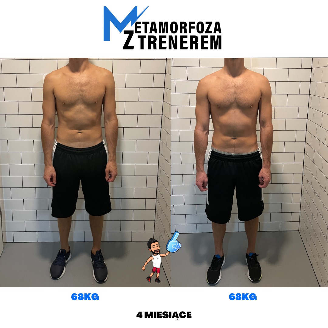 Mężczyzna przed i po 4-miesięcznej metamorfozie, waga 68kg, białe kafelki w tle, grafika z postacią trenera.