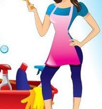 Karykaturalna postać kobiety w różowym fartuchu, trzymającej szczotkę do kurzu, obok czerwonego kosza z płynami czyszczącymi i żółtymi rękawicami.