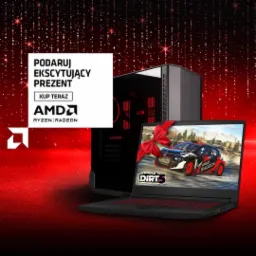 Zestaw komputerowy i laptop z czerwoną kokardą na tle czerwonego, błyszczącego tła, prezentujący grę Dirt 5 z logo AMD Ryzen Radeon.