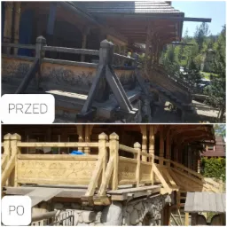 Porównanie balustrady i schodów drewnianych przed i po renowacji, z widocznymi detalami rzeźbionymi i odświeżonym kolorem drewna.