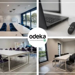 Kolaż przedstawiający sale szkoleniowe z różnym ustawieniem stołów i krzeseł, laptop z prezenterem oraz logo firmy Odeka, ośrodka doskonalenia kadr.