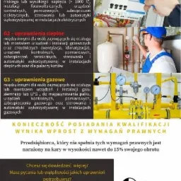 Plakat informacyjny o podziale kwalifikacji energetycznych G1, G2, G3: elektryczne, cieplne, gazowe. Monter w niebieskim kombinezonie naprawia instalację elektryczną. Instalacja gazowa z manometrami.
