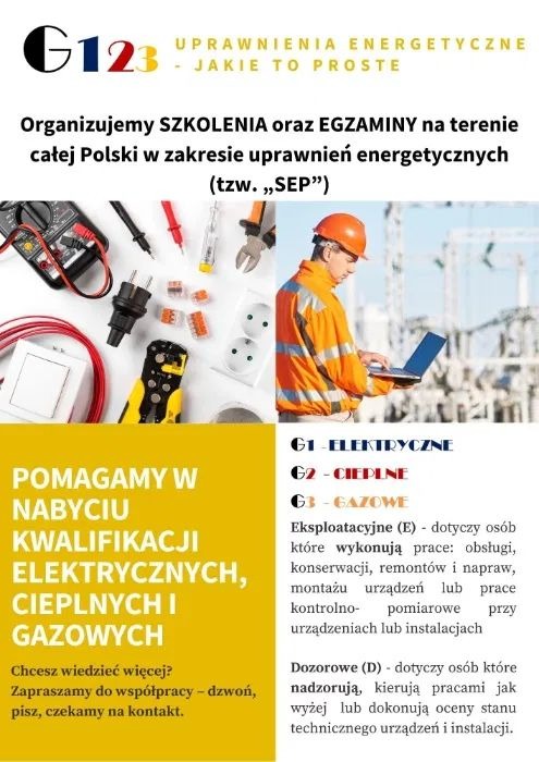 Materiały informacyjne o szkoleniach i egzaminach SEP z zakresu uprawnień energetycznych G1, G2, G3, w tle narzędzia elektryczne i elektryk z laptopem na tle elektrowni.