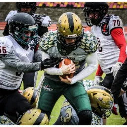 Zawodnicy futbolu amerykańskiego w trakcie zaciętej akcji na boisku, widoczny gracz z piłką w zielono-złotym stroju otoczony przez przeciwników w białych i czarnych uniformach.