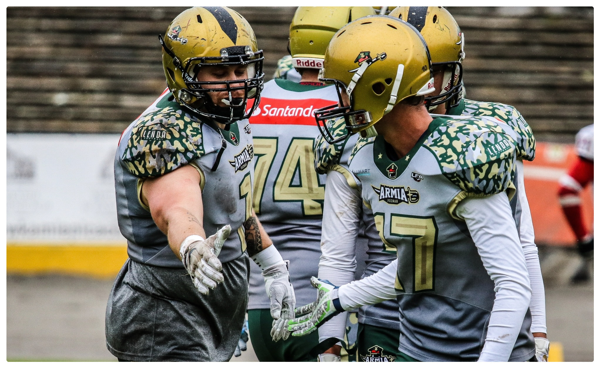 Zawodnicy futbolu amerykańskiego w złotych hełmach i szaro-zielonych strojach drużyny Armia Poznań, z numerami 74 i 17, podają sobie ręce przed meczem na stadionie.