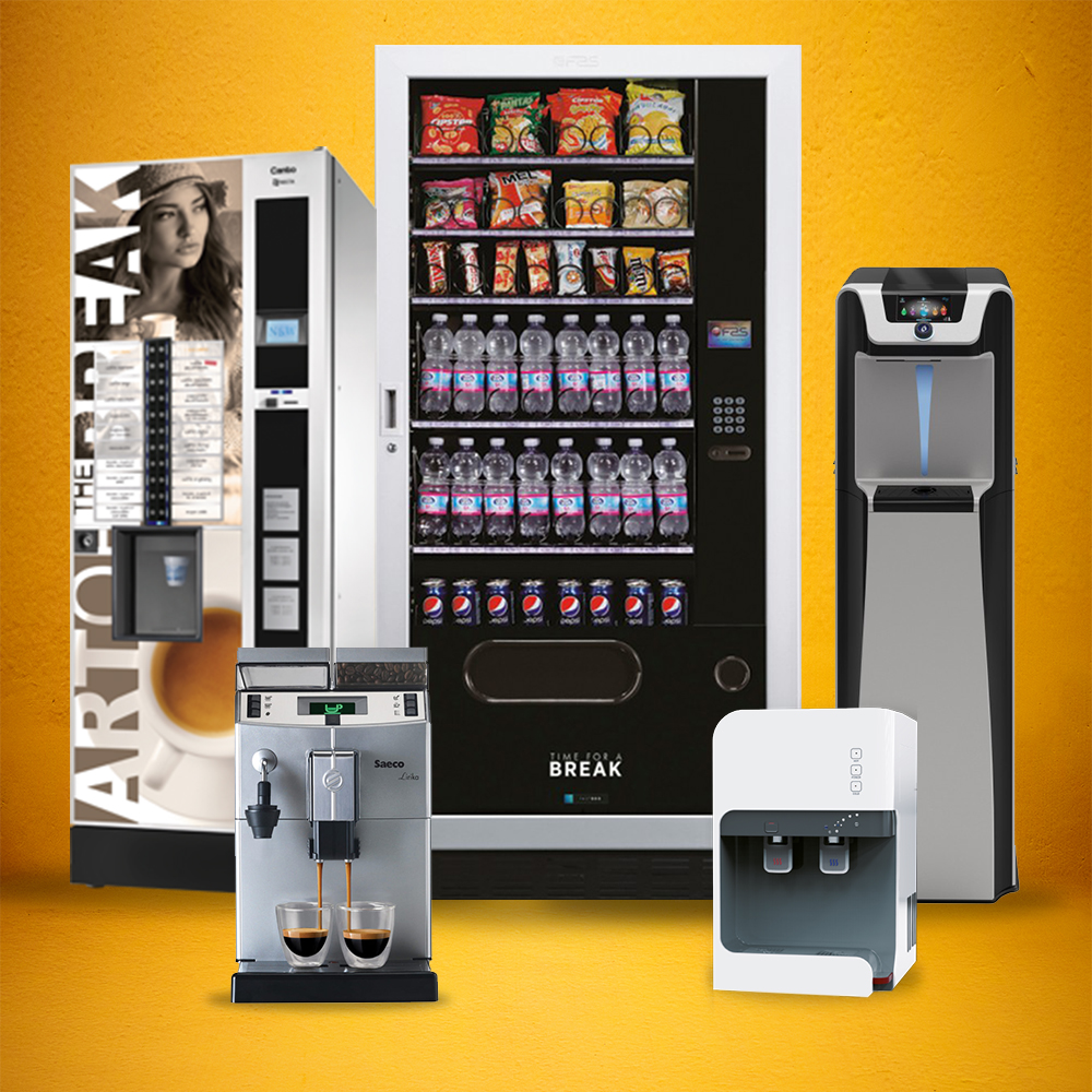 Zestaw automatów do biura: automat z przekąskami i napojami, dystrybutor wody z chłodzeniem i grzaniem oraz profesjonalny ekspres do kawy Saeco Lirika z dwiema filiżankami espresso na żółtym tle.