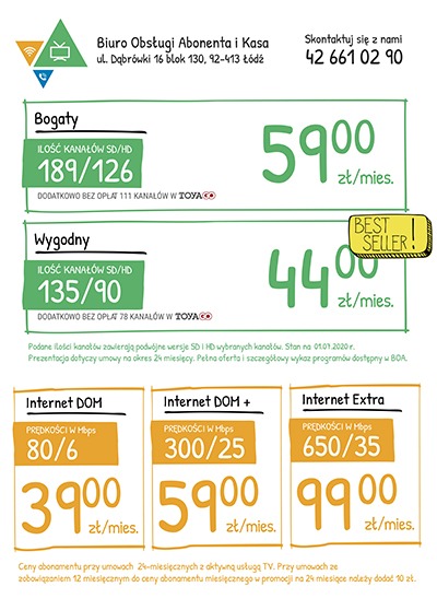 Ulotka informacyjna z ofertą pakietów telewizyjnych i internetowych, prezentująca ceny, liczbę kanałów SD/HD oraz prędkości internetu w Mbps.
