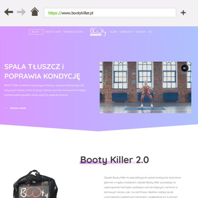 Zrzut ekranu strony internetowej z fioletowo-białym gradientem, prezentującej ofertę treningów online i stacjonarnych, z filmem instruktażowym ćwiczeń i logiem firmy 'Booty Killer'.