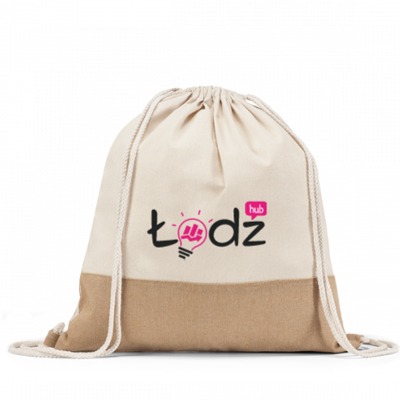 Beżowy bawełniany worek ze sznurkiem, z nadrukowanym logo 'Łódź hub' przedstawiającym żarówkę z symbolami wykresów.