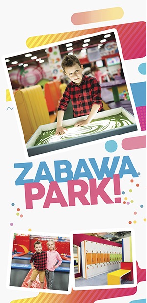 Projekt graficzny promujący park rozrywki dla dzieci, z chłopcem rysującym w piasku kinetycznym, trampoliną i szafkami na ubrania.