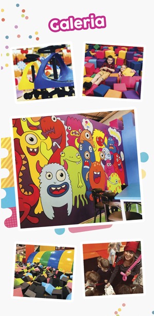 Kolaż zdjęć z sali zabaw dla dzieci: kolorowa ściana z rysunkami potworów, dzieci w basenie z gąbkami, karuzela i animator z balonami.