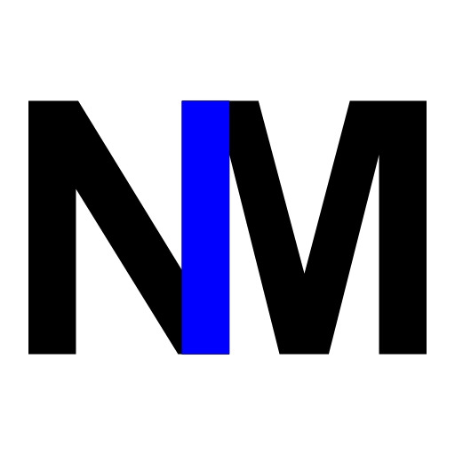 Czarno-białe logo z niebieskim akcentem w postaci pionowego paska w literze N, tworzące skrót NM na białym tle.