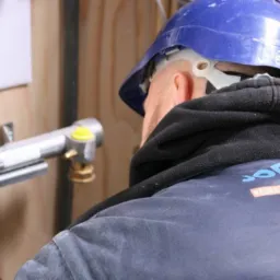 Hydraulik w niebieskim kasku reguluje zawór gazowy przy metalowej instalacji z elementami w kolorze żółtym, widoczny fragment ściany z drewnianą okładziną oraz naklejka z informacjami.