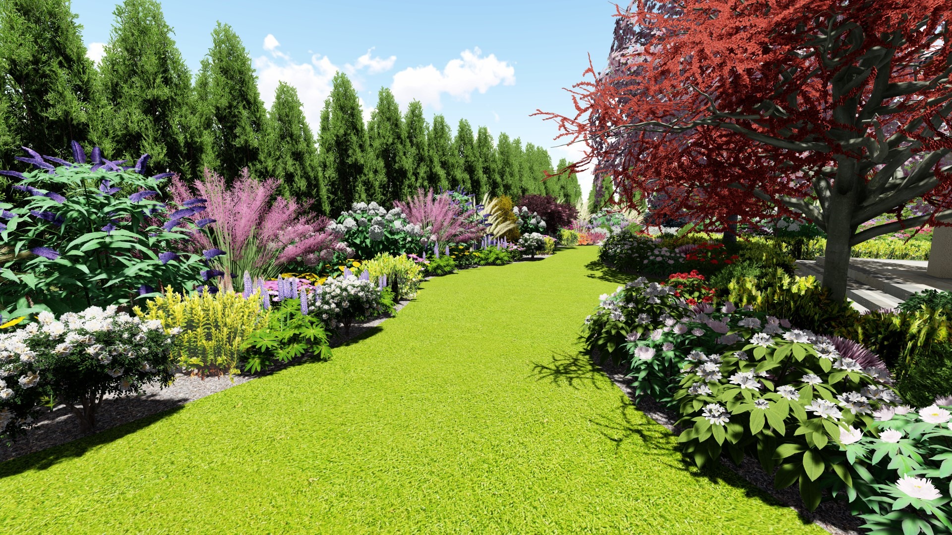 Wizualizacja ogrodu z równo przystrzyżonym trawnikiem, obrzeżami z różnorodnych kwiatów i krzewów oraz szpalerem wysokich drzew iglastych w tle.
