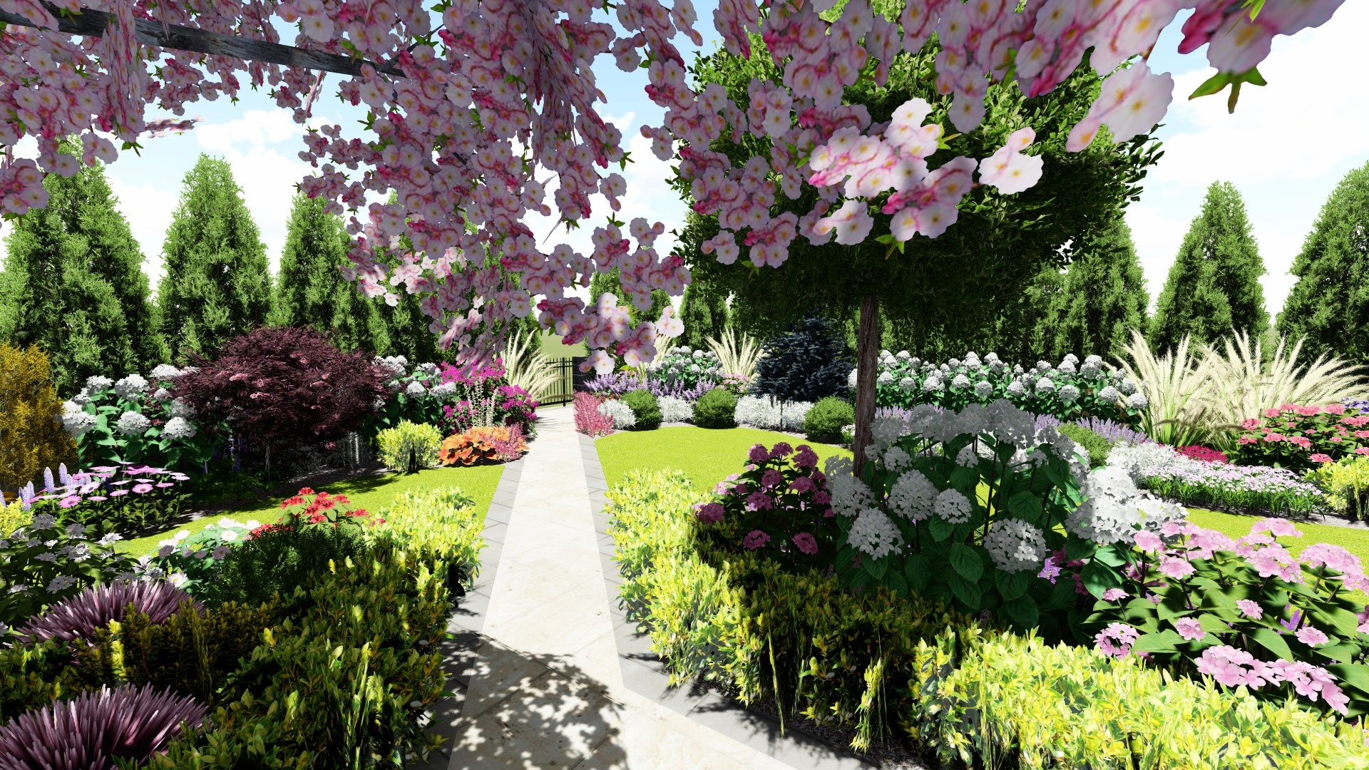 Wizualizacja ogrodu z kwitnącymi drzewami, ścieżką z jasnych płyt i różnorodną roślinnością, w tle wysokie tuje.