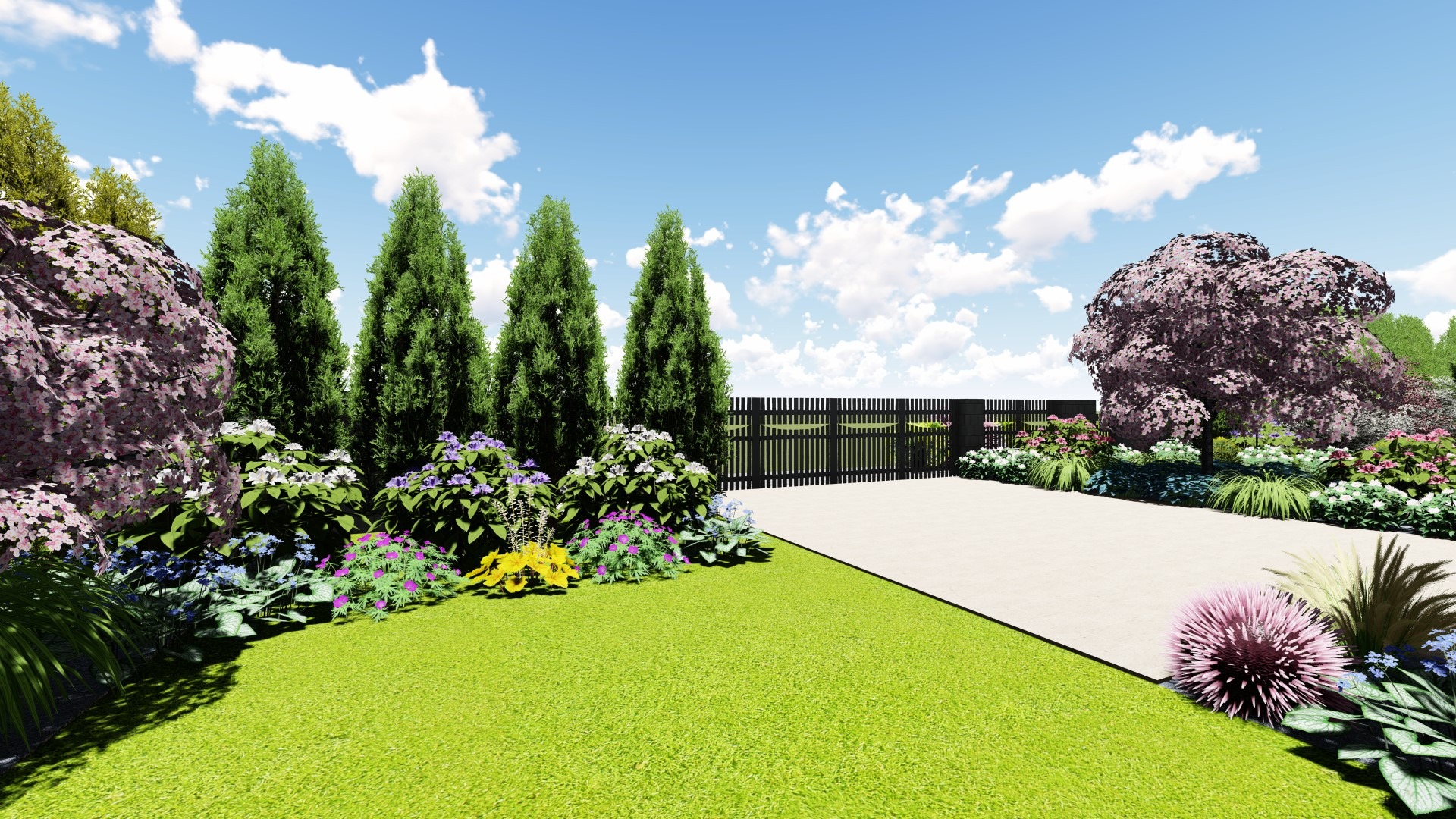 Wizualizacja ogrodu w Niemczu: trawnik, tuje, kwitnące krzewy i rabaty kwiatowe w odcieniach fioletu, białego i żółtego, z czarnym ogrodzeniem w tle i jasną alejką.