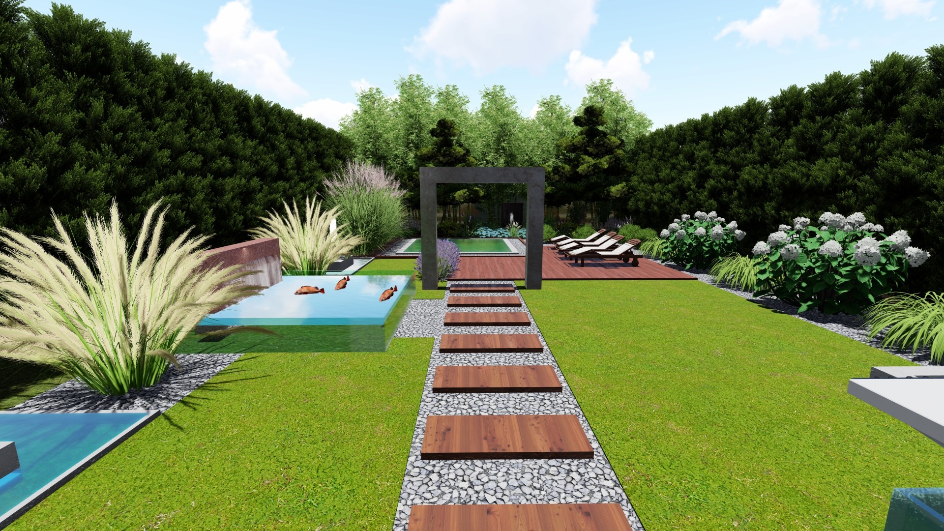 Wizualizacja ogrodu z geometrycznym oczkiem wodnym, drewnianą ścieżką na żwirowym podłożu i tarasem z leżakami.