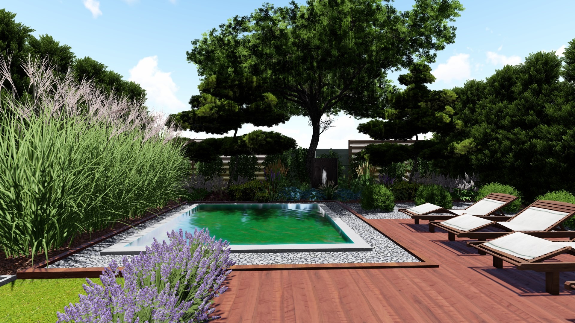 Wizualizacja ogrodu z basenem otoczonym kamieniami, drewnianym tarasem z leżakami, ozdobnymi trawami i kwitnącą lawendą na pierwszym planie.
