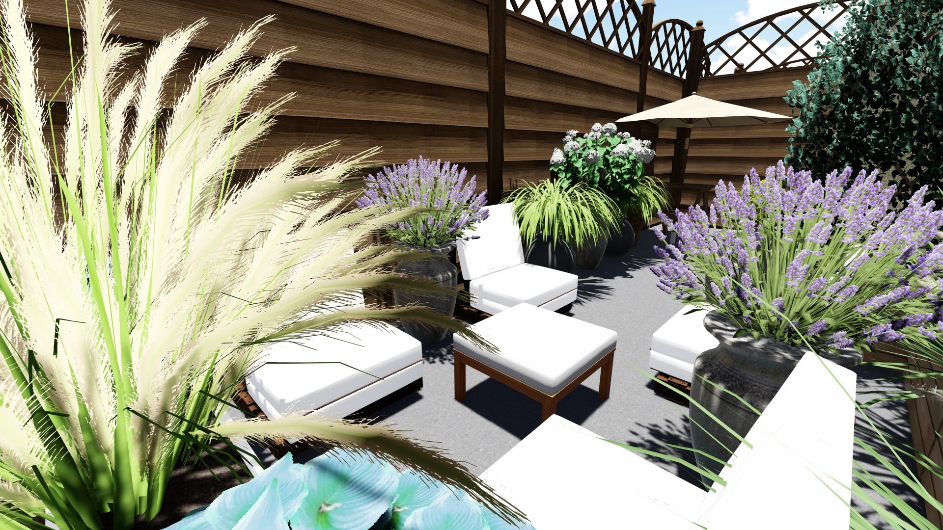 Wizualizacja tarasu z białymi meblami ogrodowymi otoczonymi przez lawendę w donicach, trawy ozdobne i drewniane panele.