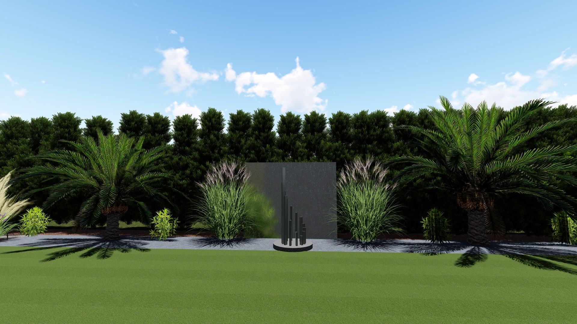 Wizualizacja ogrodu z palmami, ozdobnymi trawami i minimalistyczną, ciemną ścianą z pionowymi elementami dekoracyjnymi na tle żywopłotu.