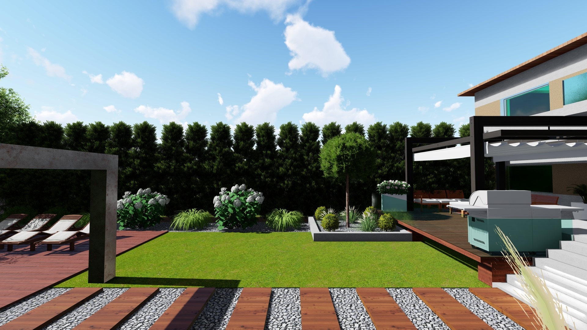 Wizualizacja ogrodu z trawnikiem, drewnianym tarasem z leżakami, pergolą, grillem i ścieżką z drewna i kamienia.