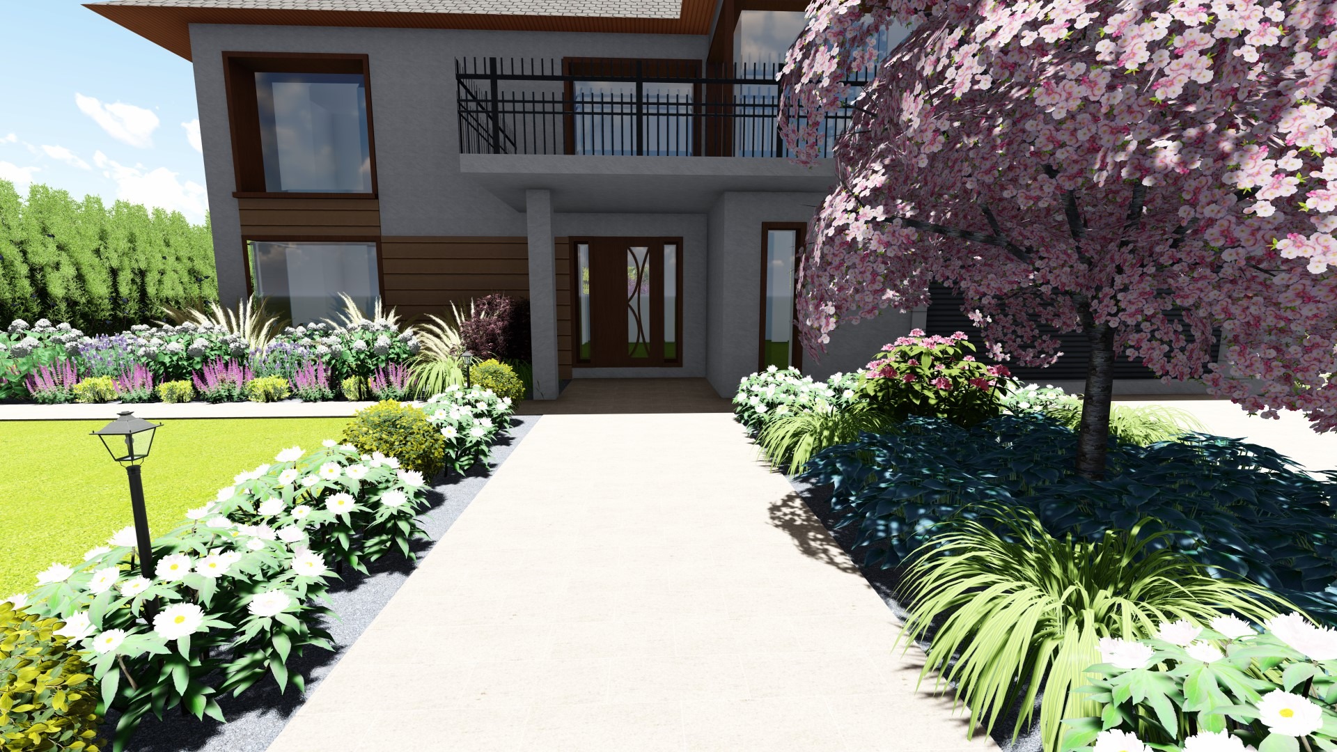 Wizualizacja ogrodu przed nowoczesnym domem z kwitnącym drzewem, rabatami kwiatowymi i trawnikiem, widok z perspektywy ścieżki prowadzącej do wejścia.