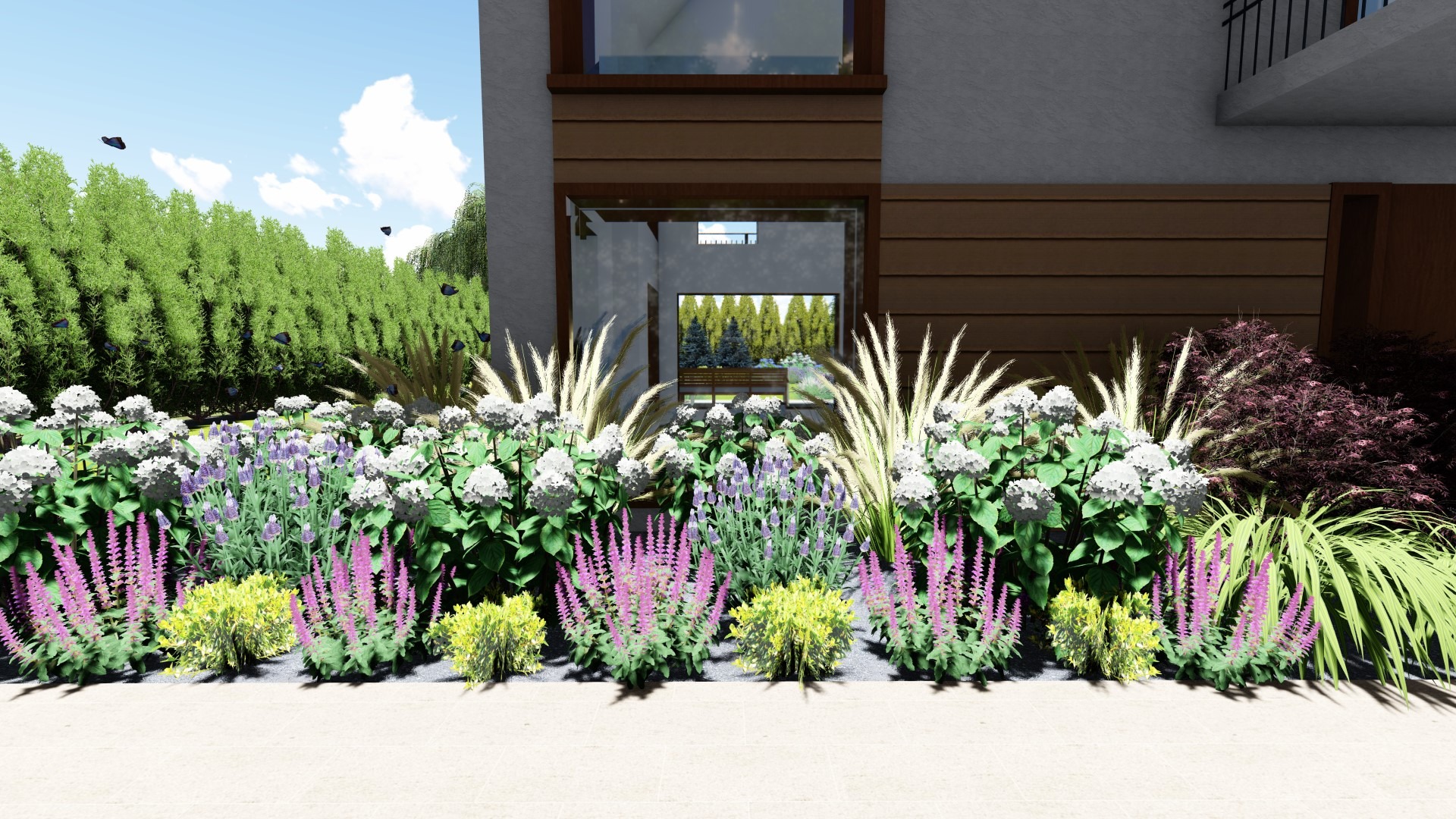 Wizualizacja ogrodu przydomowego z kwitnącymi hortensjami, szałwią i trawami ozdobnymi na tle budynku z drewnianą elewacją i starannie przyciętym żywopłotem.