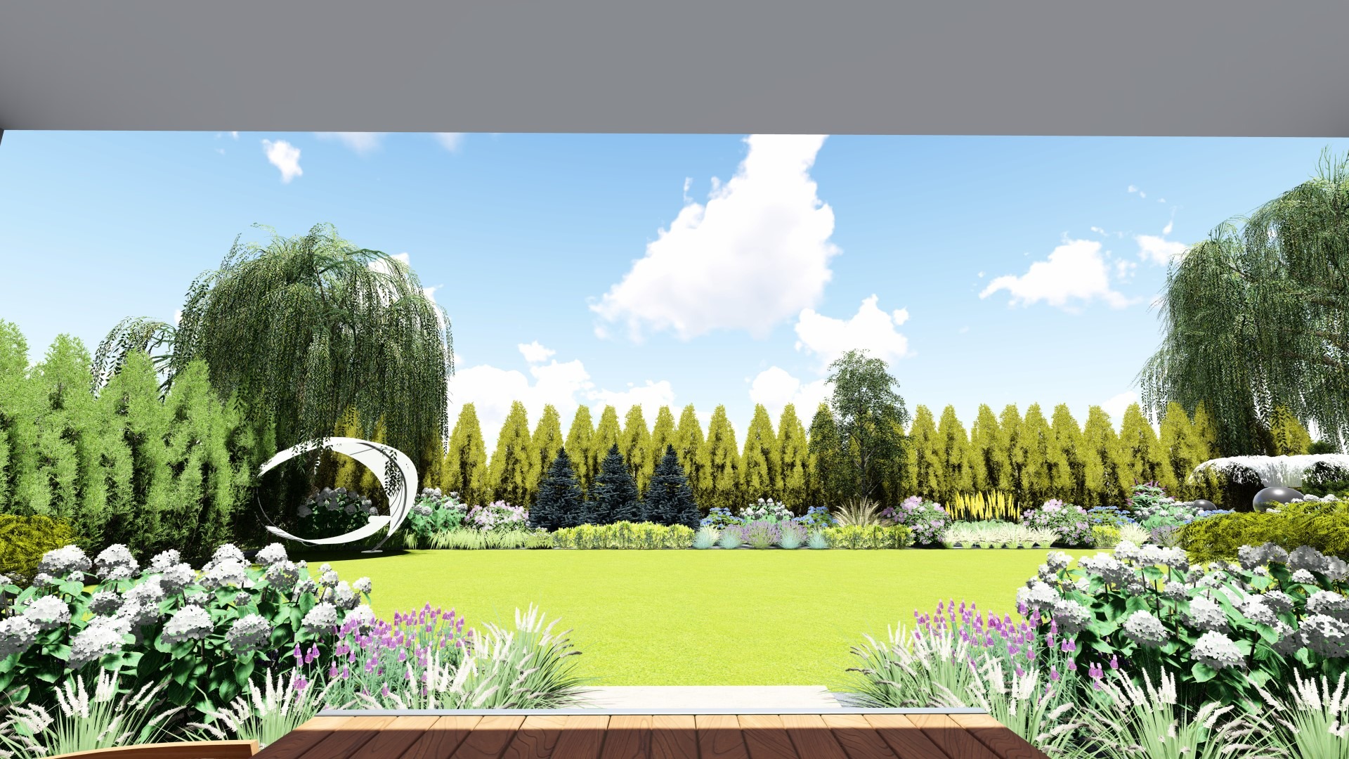 Wizualizacja ogrodu z równo przystrzyżonym trawnikiem, rzędem tuj i wierzbą płaczącą, uzupełniona o białą, nowoczesną instalację ogrodową i rabaty kwiatowe w odcieniach bieli i fioletu, widziana...