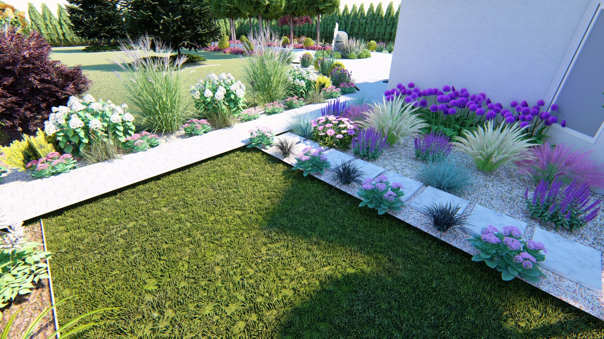 Wizualizacja ogrodu przydomowego z równo przystrzyżonym trawnikiem, ścieżką z jasnych płyt i rabatami z kwitnących roślin w odcieniach bieli, różu i fioletu, otoczonych białym żwirem.