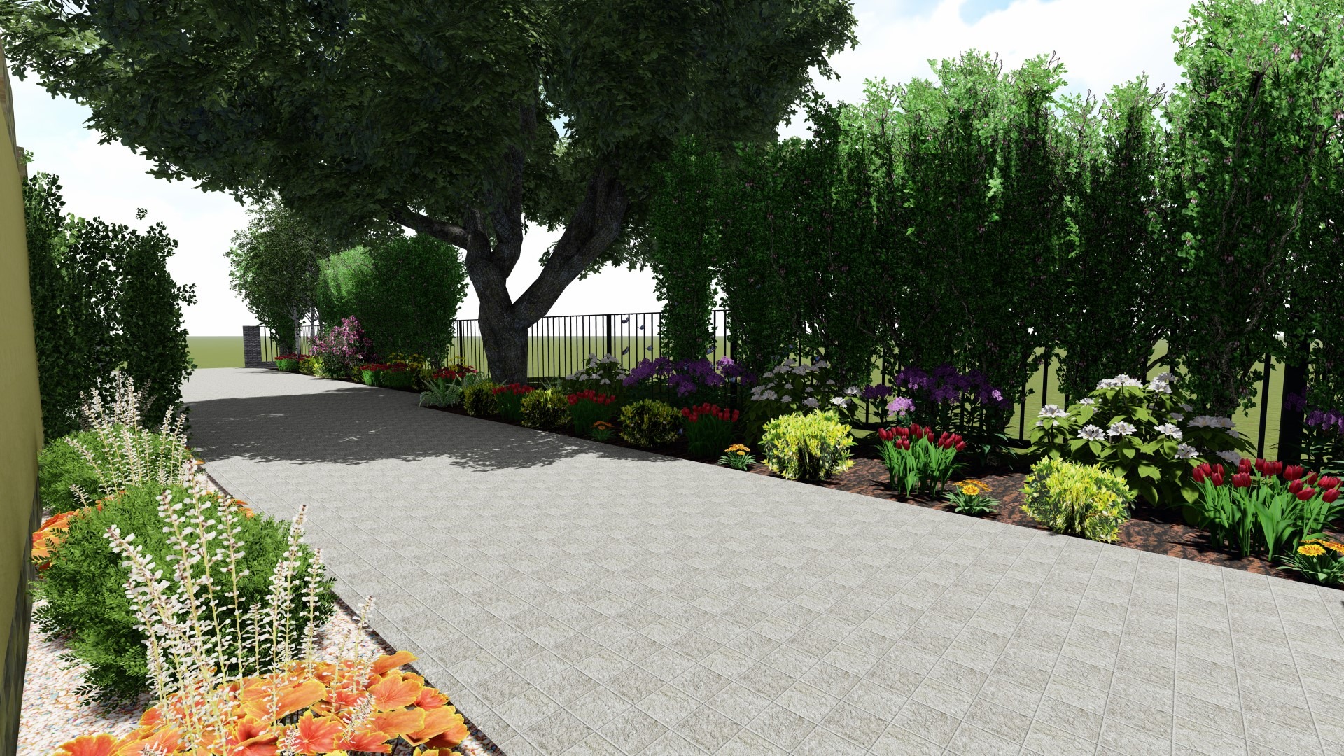 Wizualizacja ogrodu z brukowaną ścieżką, rabatami kwiatowymi z tulipanami, hortensjami i innymi roślinami oraz żywopłotem w tle.