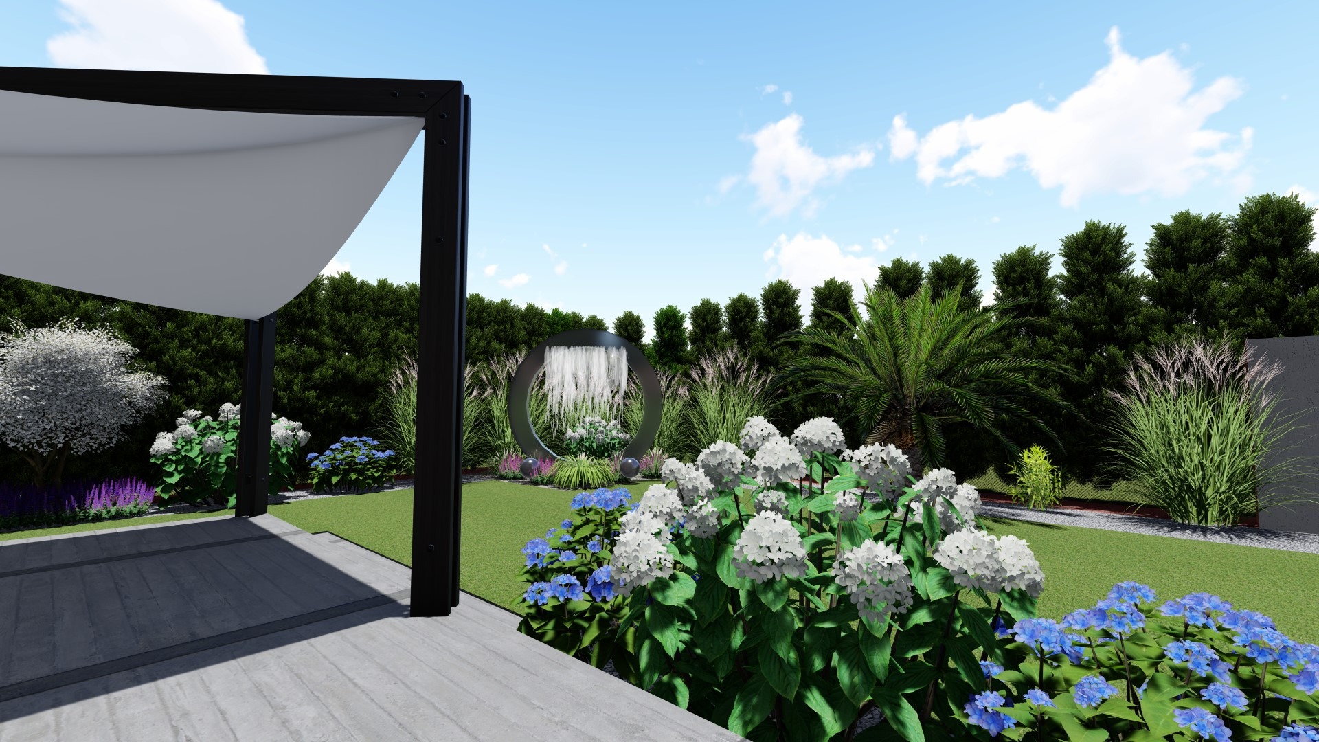 Wizualizacja ogrodu z pergolą, okrągłą fontanną i kwitnącymi hortensjami w odcieniach bieli i błękitu na pierwszym planie.