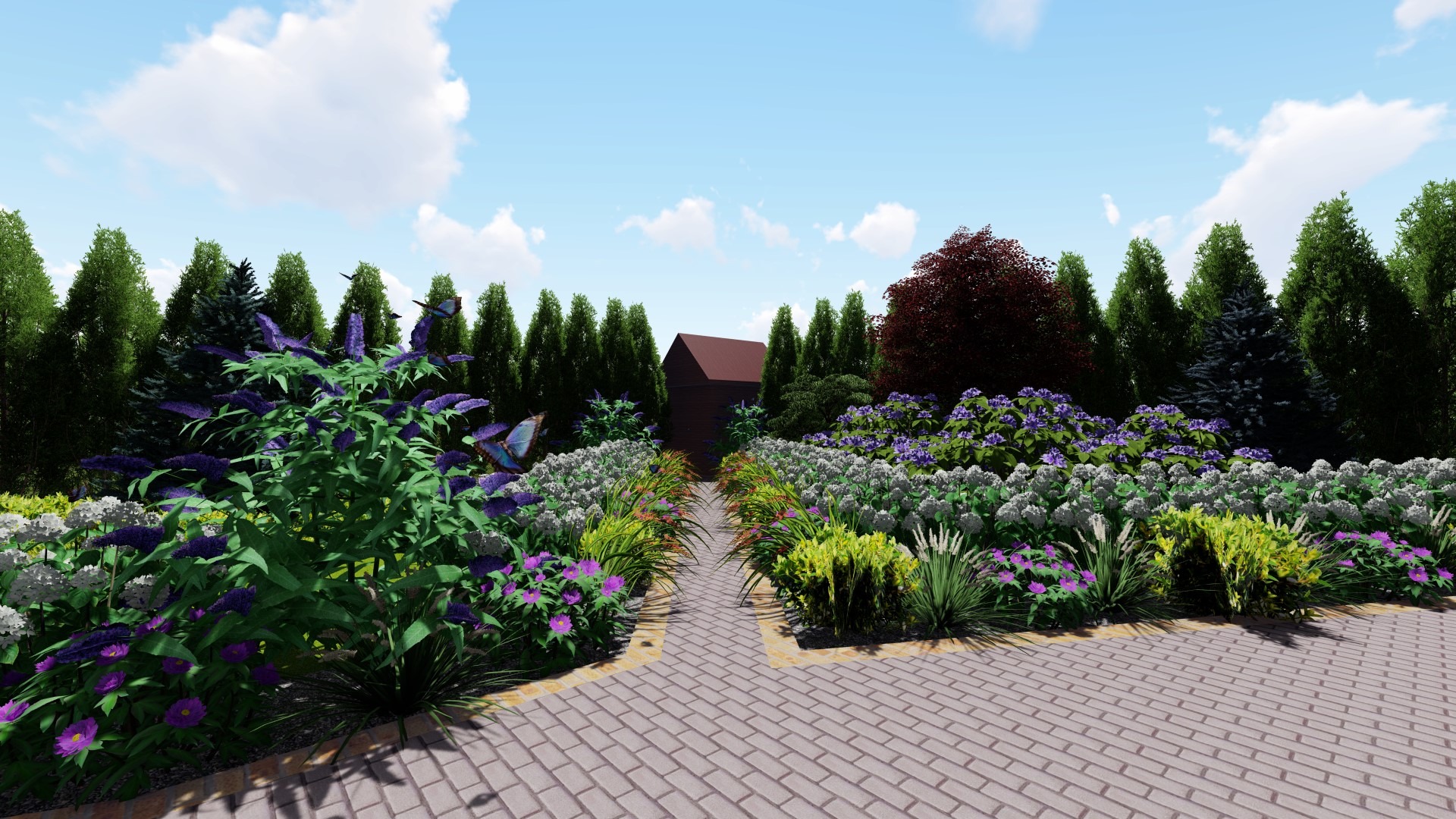 Wizualizacja ogrodu z alejką z kostki brukowej prowadzącą do budynku, rabaty kwiatowe z hortensjami, budlejami i trawami ozdobnymi, tło z drzew iglastych i liściastych.