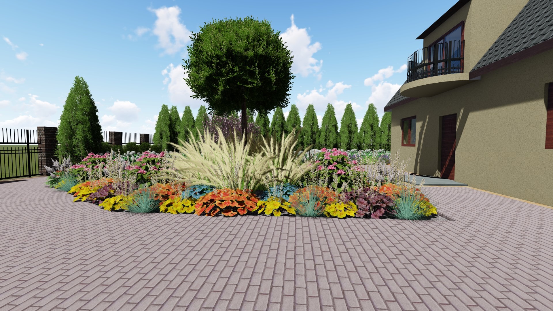 Wizualizacja ogrodu przydomowego z rabatą kwiatową w odcieniach żółci, pomarańczy i fioletu, trawy ozdobne oraz formowane drzewo na tle żywopłotu z tuj i domu z balkonem.