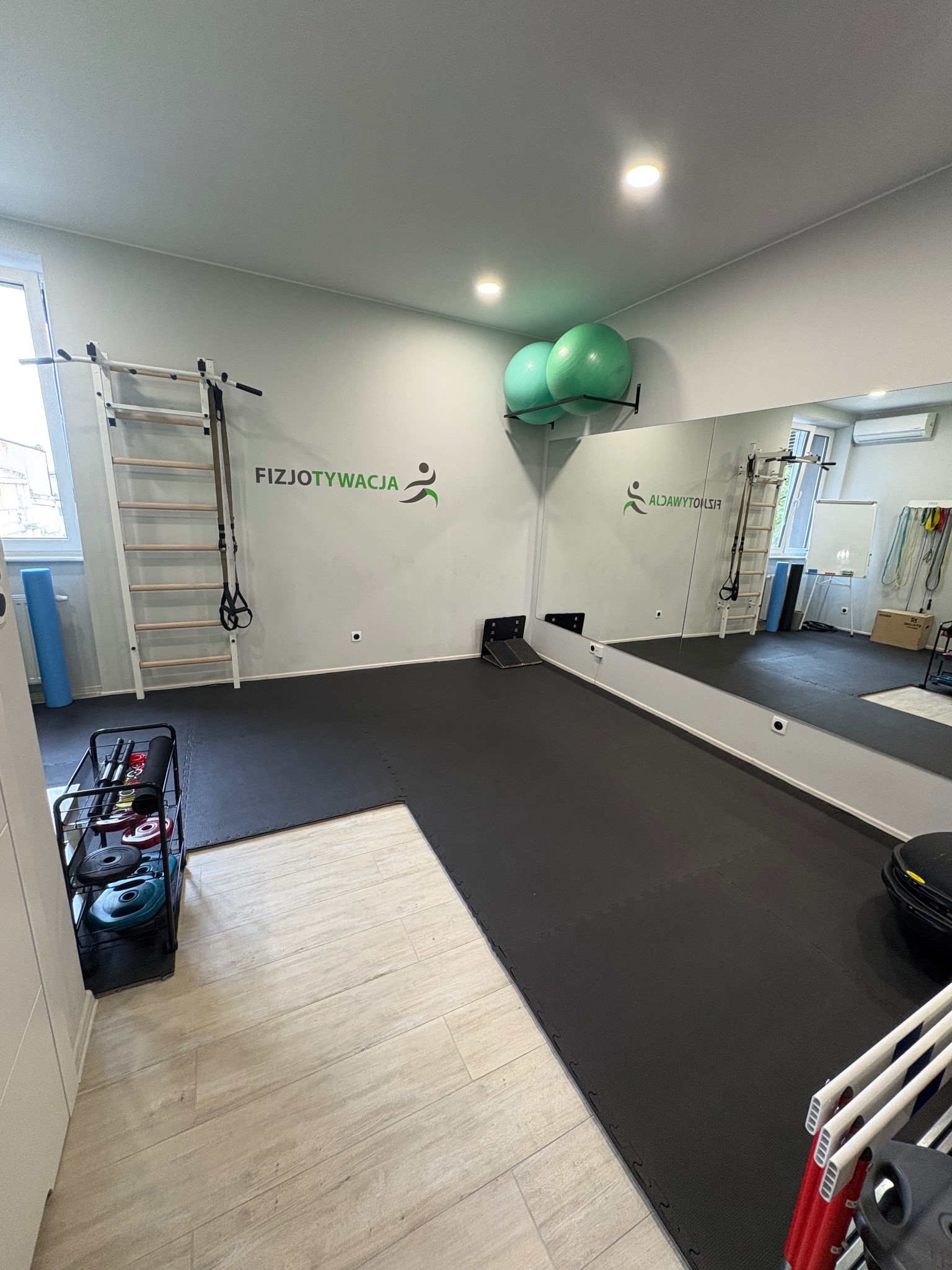 Jasne wnętrze sali do ćwiczeń z drabinką gimnastyczną, lustrem, piłkami i logiem 'Fizjotywacja' na ścianie. Podłoga wyłożona matą, widoczne akcesoria do ćwiczeń.